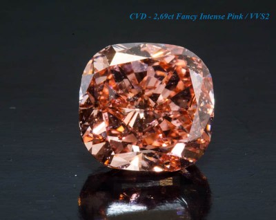 CVD бриллиант cushion 2,69 ct Fancy Intense Pink