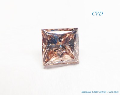 Синтетический CVD бриллиант 0,888ct, Princess , Pink/SI1
